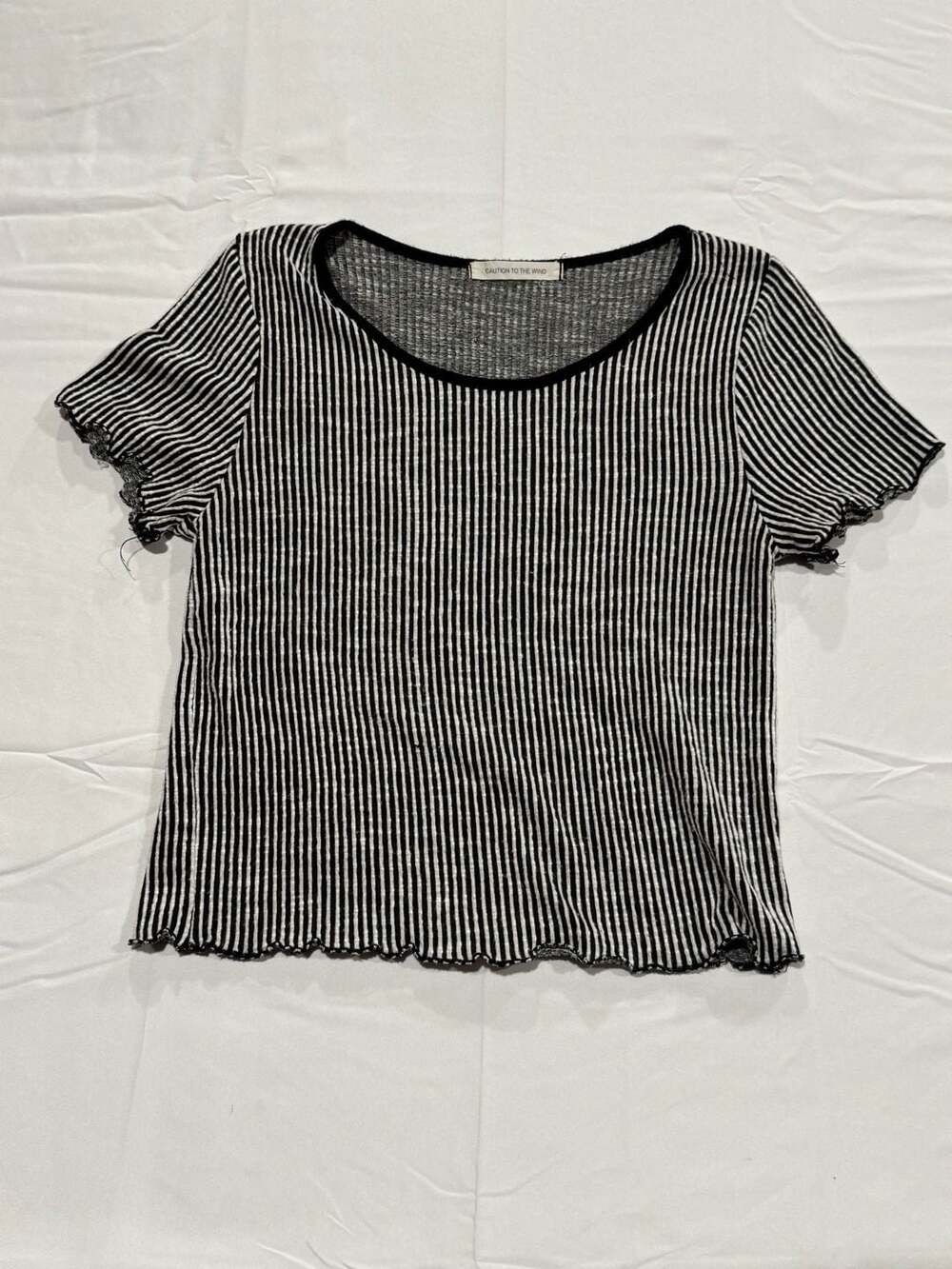 Caution To The Wind Black and White Striped Short Sleeve Lettuce Edge Tee
